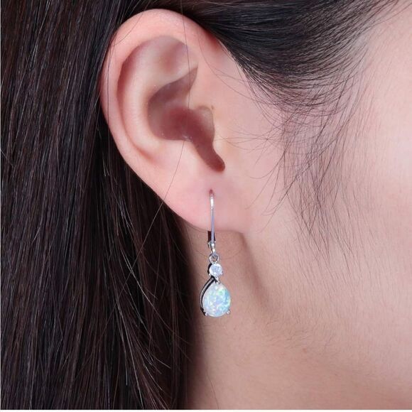 14K White Gold with Genuine White Fire Opal and CZ Teardrop Leverback Earrings - Picture 5 of 5